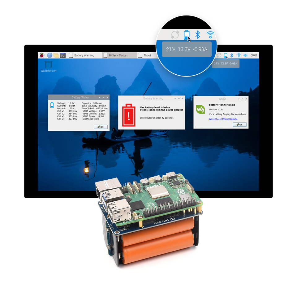 UPS HAT (E) for Raspberry Pi, supports checking the battery status in real-time