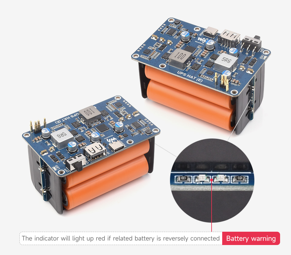 UPS HAT (E) for Raspberry Pi, onboard warning indicators