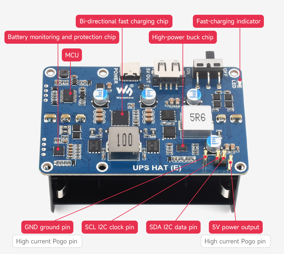 UPS HAT (E) for Raspberry Pi, onboard components