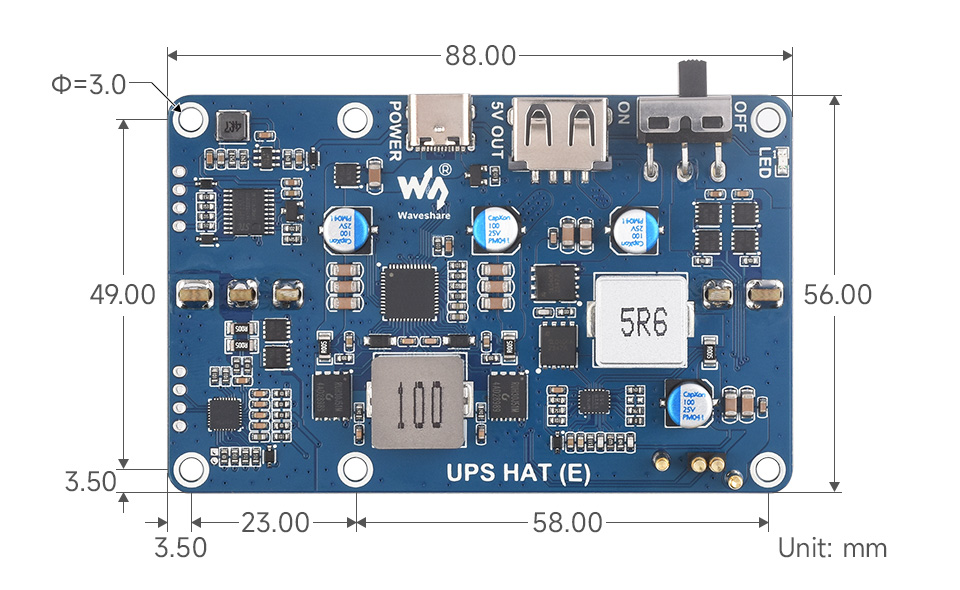 UPS HAT (E) for Raspberry Pi, outline dimensions