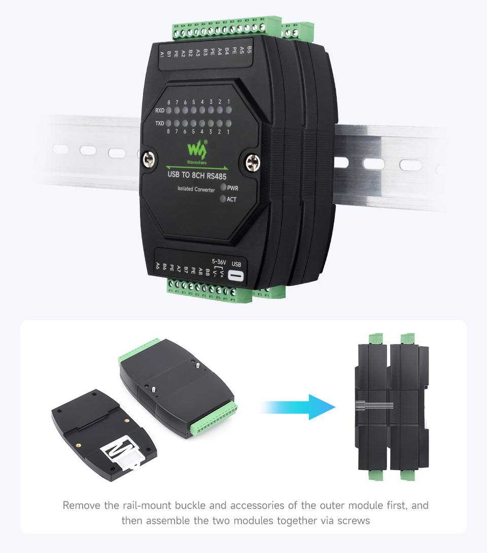 USB TO 8CH RS485, supports stackable installation