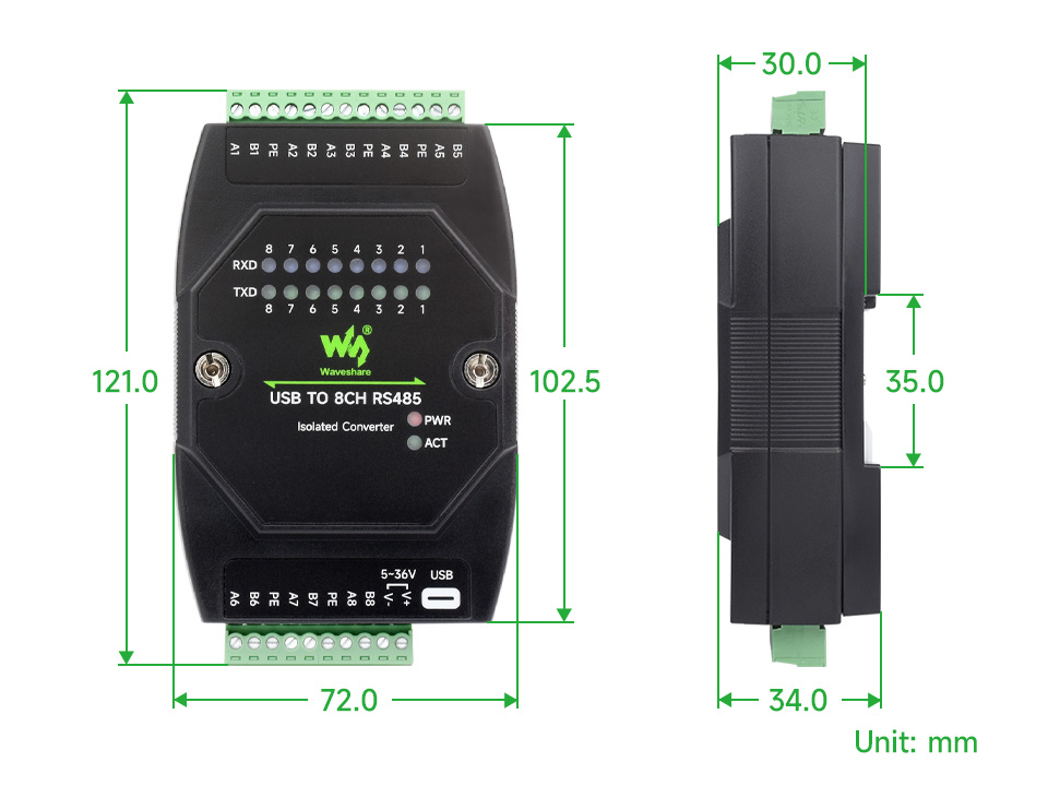 USB TO 8CH RS485, outline dimensions