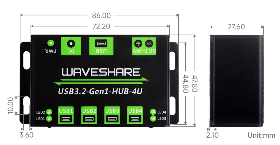 4-ch USB3.2 HUB, outline dimensions