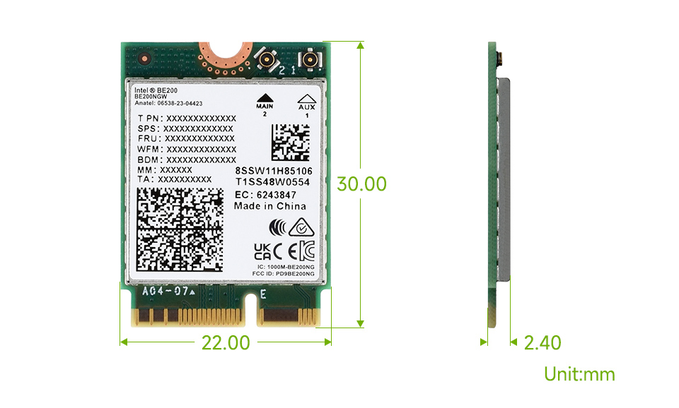 Wireless BE200 NIC, outline dimensions