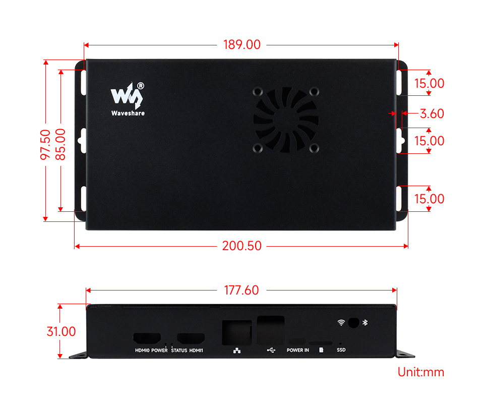 Metal Case for Compute Module 5 IO Board, outline dimensions