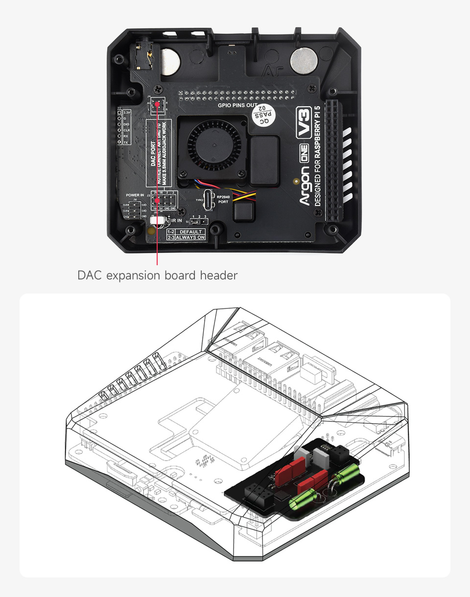 PI5-CASE-ARGON-ONE, with reserved DAC expansion board header