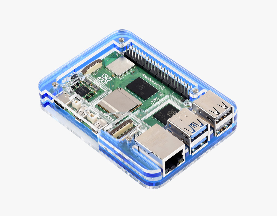 Transparent and Blue Acrylic Case for Raspberry Pi 5, Supports installing  Official Active Cooler