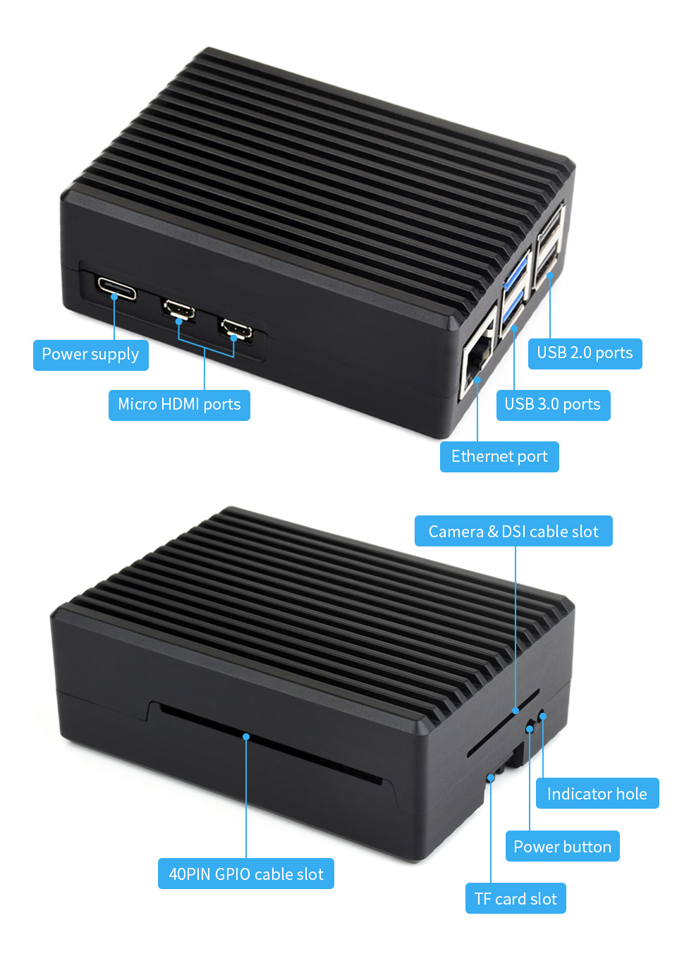 Aluminum stripe grooved Case for Raspberry Pi 5, Built-in Cooling Fan and  heatsink pillars