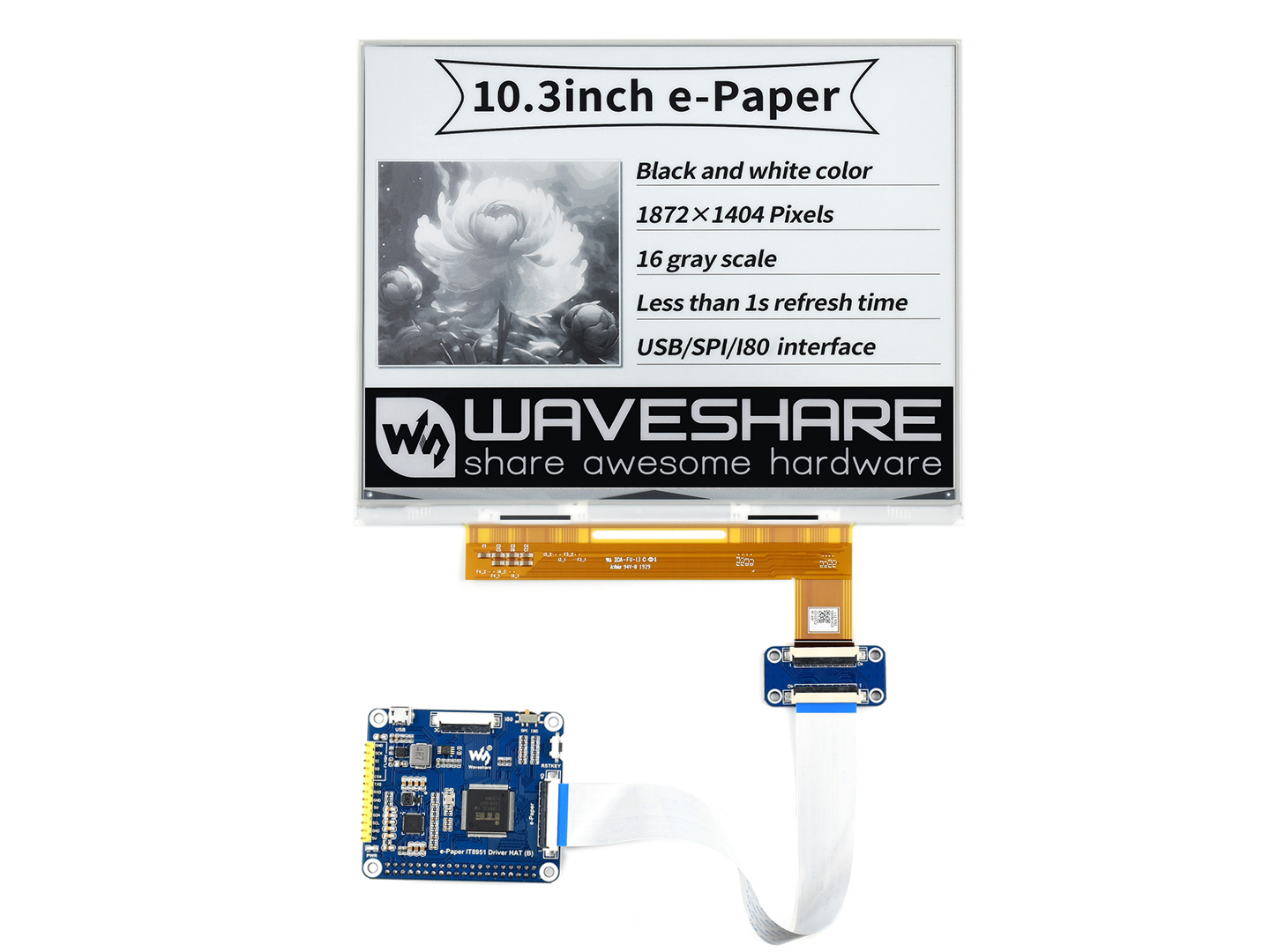 10.3inch e-Paper E-Ink Display HAT for Raspberry Pi, 1872×1404 pixels,  Black / White, 2-16 Grey Scales, USB/SPI/I80