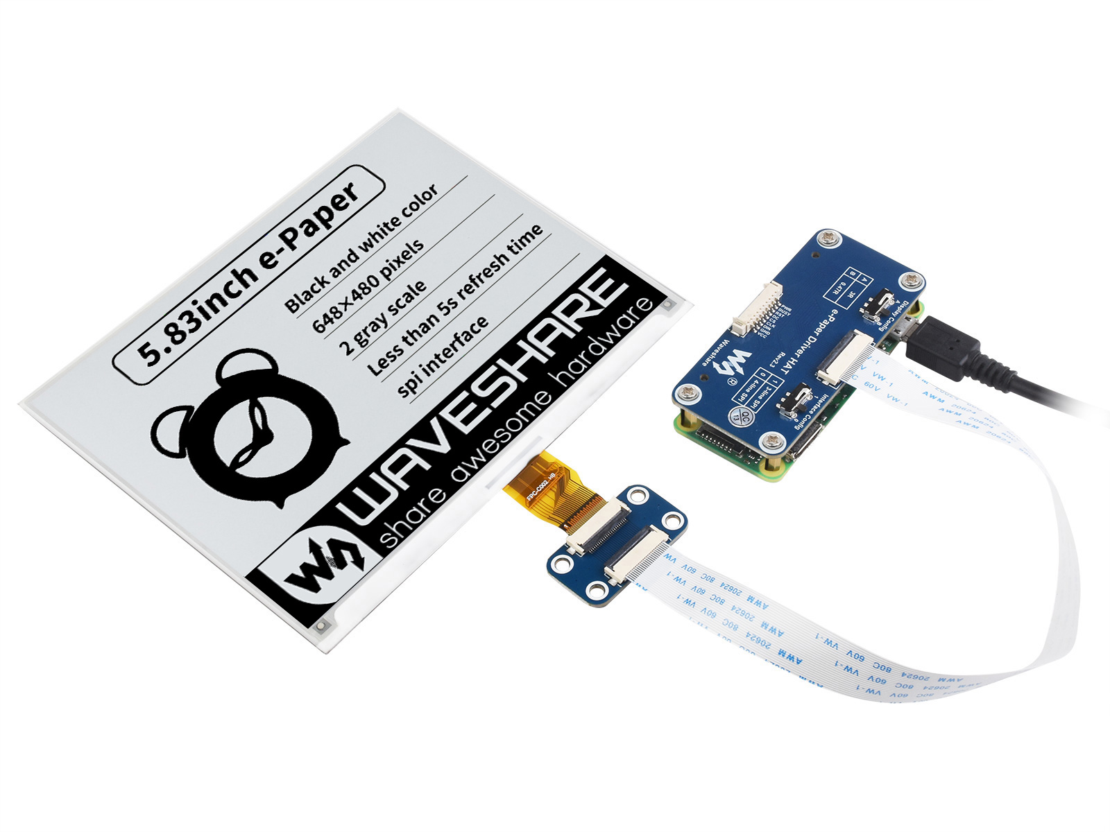 5.83inch E-Paper E-Ink Display HAT For Raspberry Pi, 648×480 