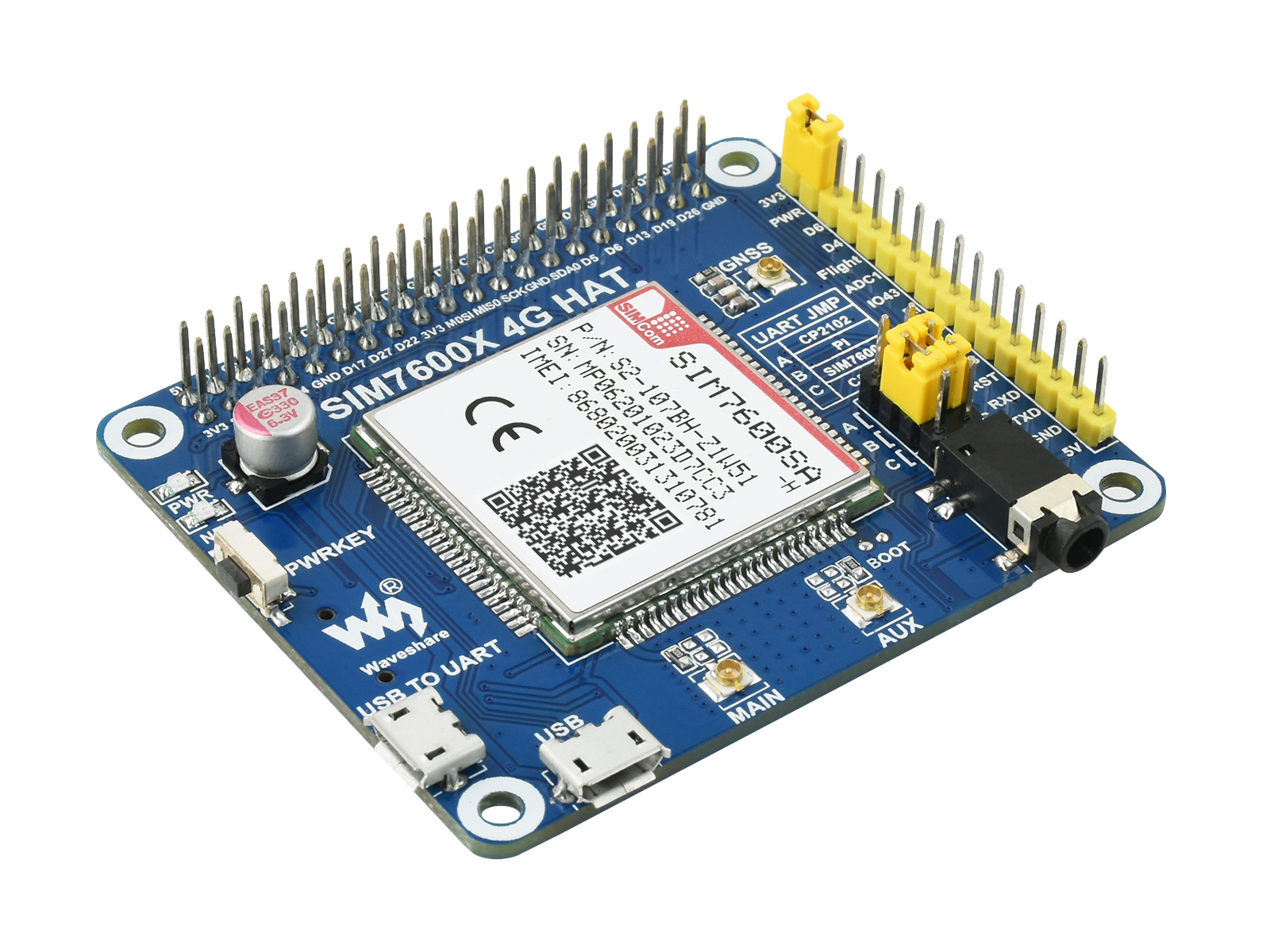 SIM7600SA-H 4G HAT for Raspberry Pi, 4G / 3G / 2G / GNSS, for